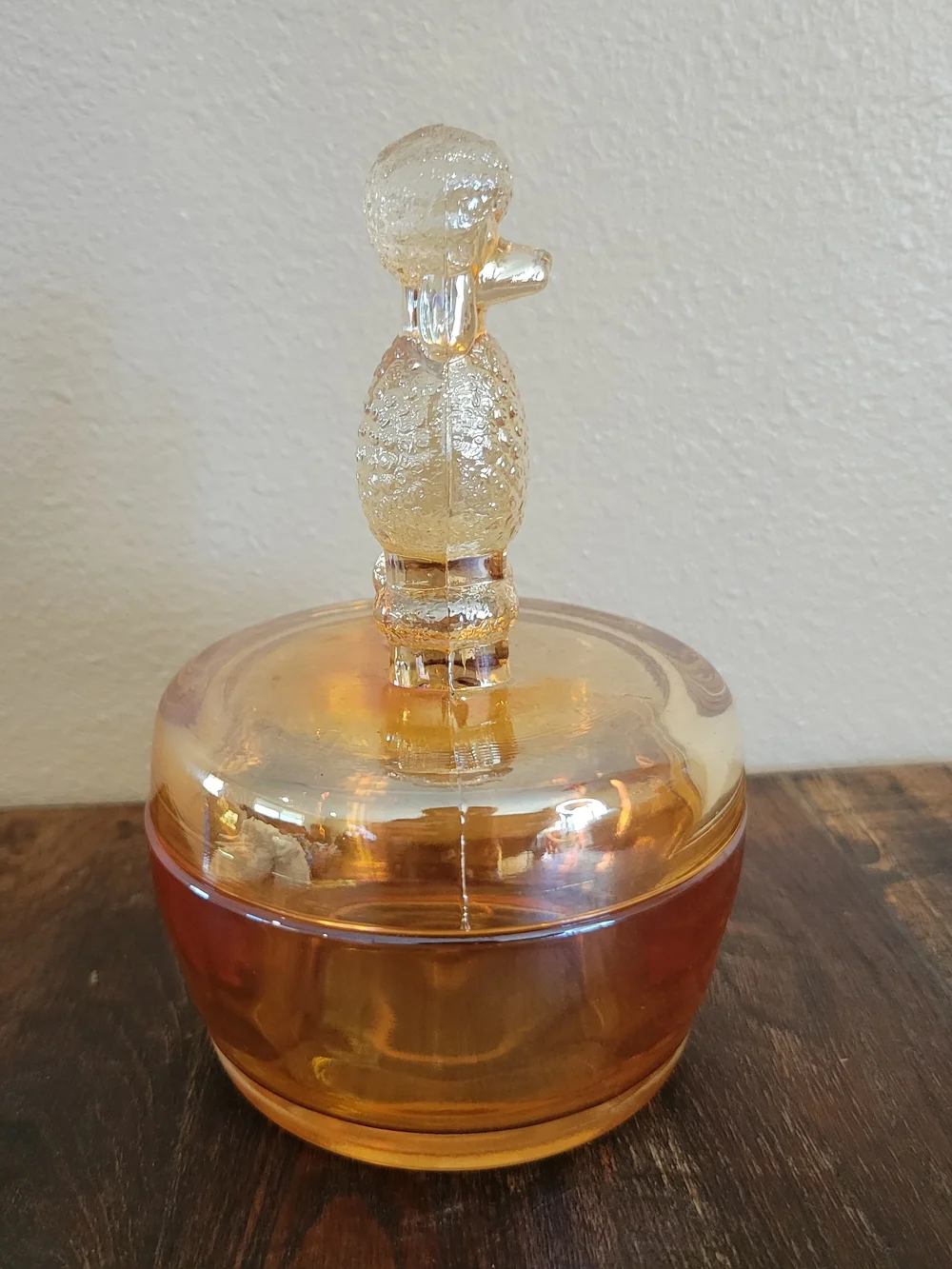 Marigold Carnival Glass Poodle Vanity Jar - Decorative Bathroom Trinket Storage
